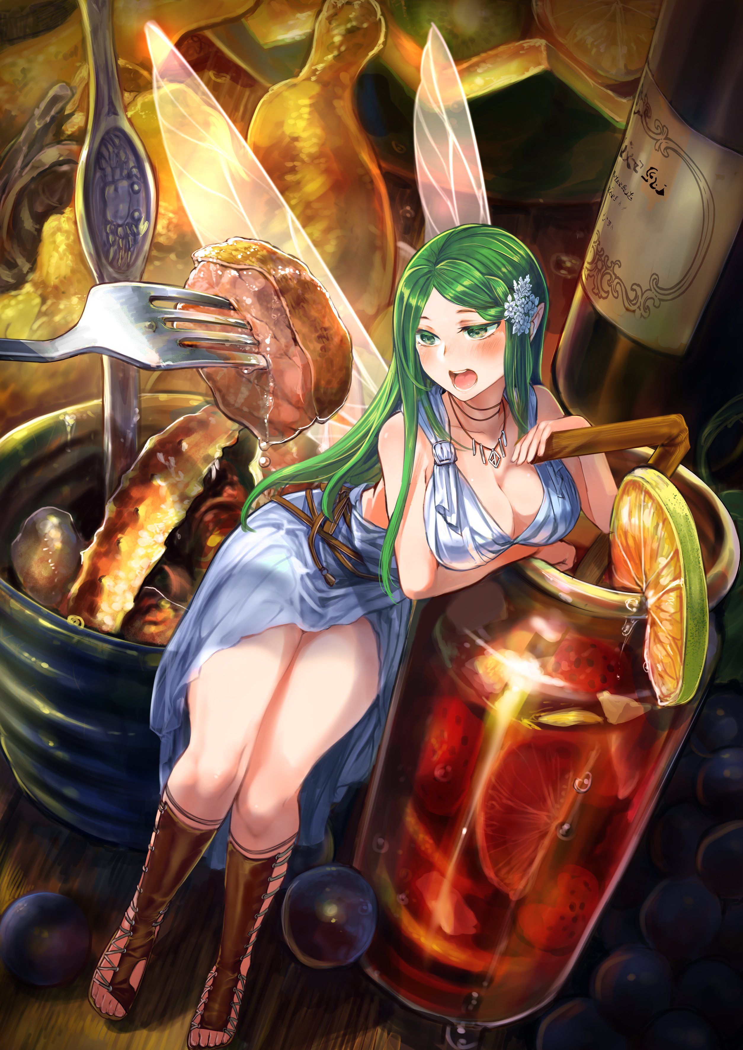 A green-haired large chested fairy woman leaning against a fruit drink, maybe sangria, being offered a piece of crispy fried duck with some boiled crabs legs, grapes, and other delicacies in the background