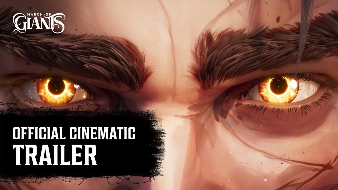 Goliath from March of Giants' glowing open eyes as part of the official cinematic trailer thumbnail