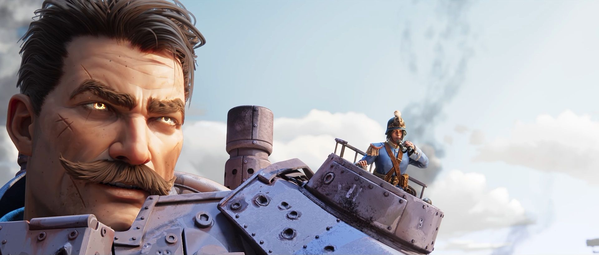 Goliath from March of Giants with a female soldier perched on his shoulder holding binoculars